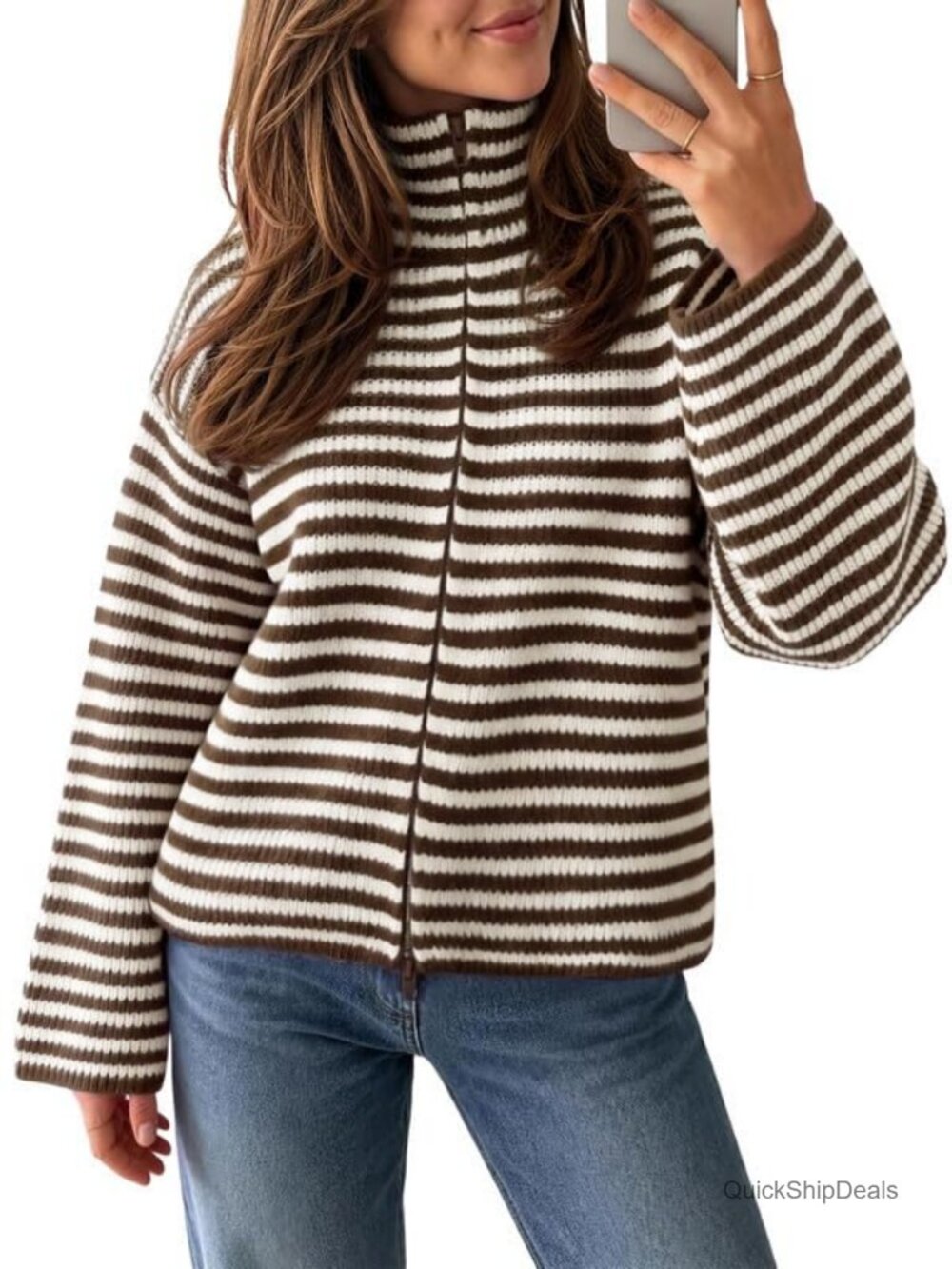 Women's Striped Chunky Knit Cardigan Sweater Stand Collar Zip Up Cozy